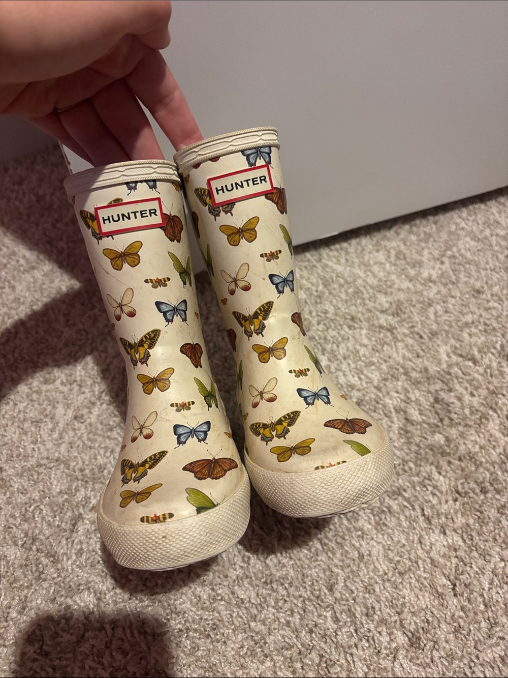 Hunter Kids Cream Rain Boots with Colorful Butterfly Print
